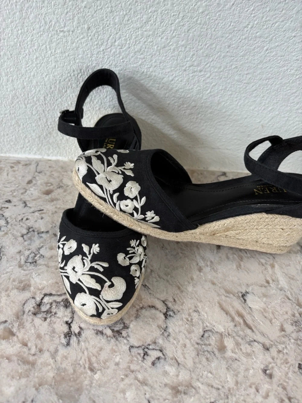 Lauren Ralph Lauren Black Espadrille Wedges with White Floral Embroidery